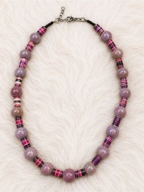 Vintage Lepidolite Stone Necklace Purple Heishi Beads ~ Boho Statement Jewelry